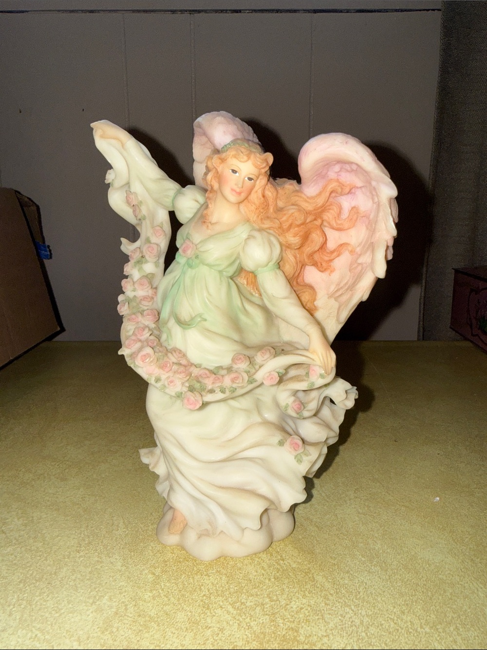 Porcelain Angel Figurine with Pink Rose Garland Sunsgine Guardian Angel 1996